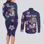 Personalised Melbourne Storm Couples Matching Long Sleeve Bodycon Dress and Long Sleeve Button Shirt Polynesian Tribal Pattern With Rugby Storm Man Mascot Art