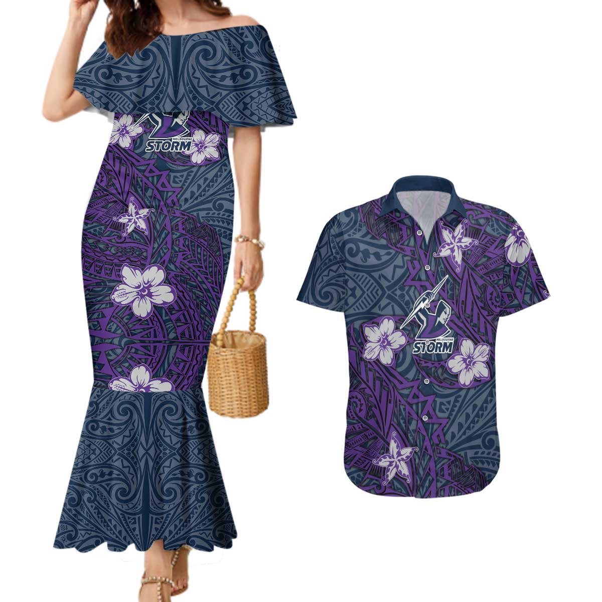 Personalised Melbourne Storm Couples Matching Mermaid Dress and Hawaiian Shirt Polynesian Tribal Pattern With Rugby Storm Man Mascot Art