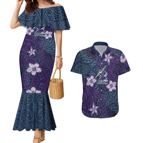 Personalised Melbourne Storm Couples Matching Mermaid Dress and Hawaiian Shirt Polynesian Tribal Pattern With Rugby Storm Man Mascot Art
