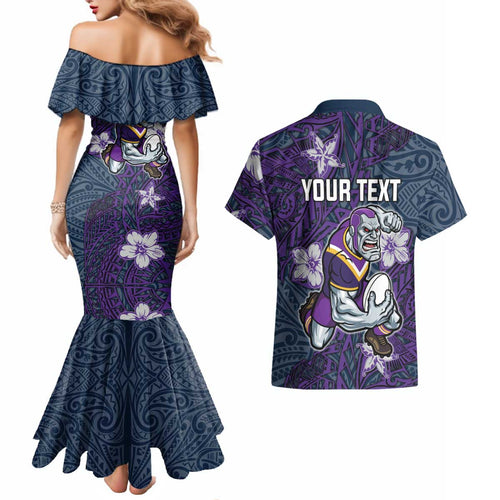Personalised Melbourne Storm Couples Matching Mermaid Dress and Hawaiian Shirt Polynesian Tribal Pattern With Rugby Storm Man Mascot Art