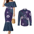 Personalised Melbourne Storm Couples Matching Mermaid Dress and Long Sleeve Button Shirt Polynesian Tribal Pattern With Rugby Storm Man Mascot Art