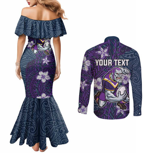 Personalised Melbourne Storm Couples Matching Mermaid Dress and Long Sleeve Button Shirt Polynesian Tribal Pattern With Rugby Storm Man Mascot Art