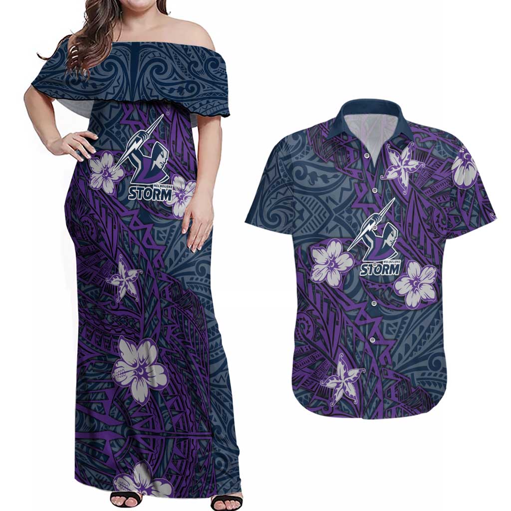 Personalised Melbourne Storm Couples Matching Off Shoulder Maxi Dress and Hawaiian Shirt Polynesian Tribal Pattern With Rugby Storm Man Mascot Art