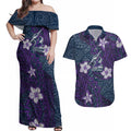 Personalised Melbourne Storm Couples Matching Off Shoulder Maxi Dress and Hawaiian Shirt Polynesian Tribal Pattern With Rugby Storm Man Mascot Art