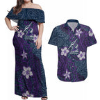 Personalised Melbourne Storm Couples Matching Off Shoulder Maxi Dress and Hawaiian Shirt Polynesian Tribal Pattern With Rugby Storm Man Mascot Art