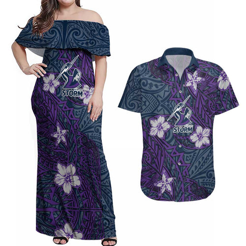 Personalised Melbourne Storm Couples Matching Off Shoulder Maxi Dress and Hawaiian Shirt Polynesian Tribal Pattern With Rugby Storm Man Mascot Art