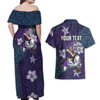Personalised Melbourne Storm Couples Matching Off Shoulder Maxi Dress and Hawaiian Shirt Polynesian Tribal Pattern With Rugby Storm Man Mascot Art