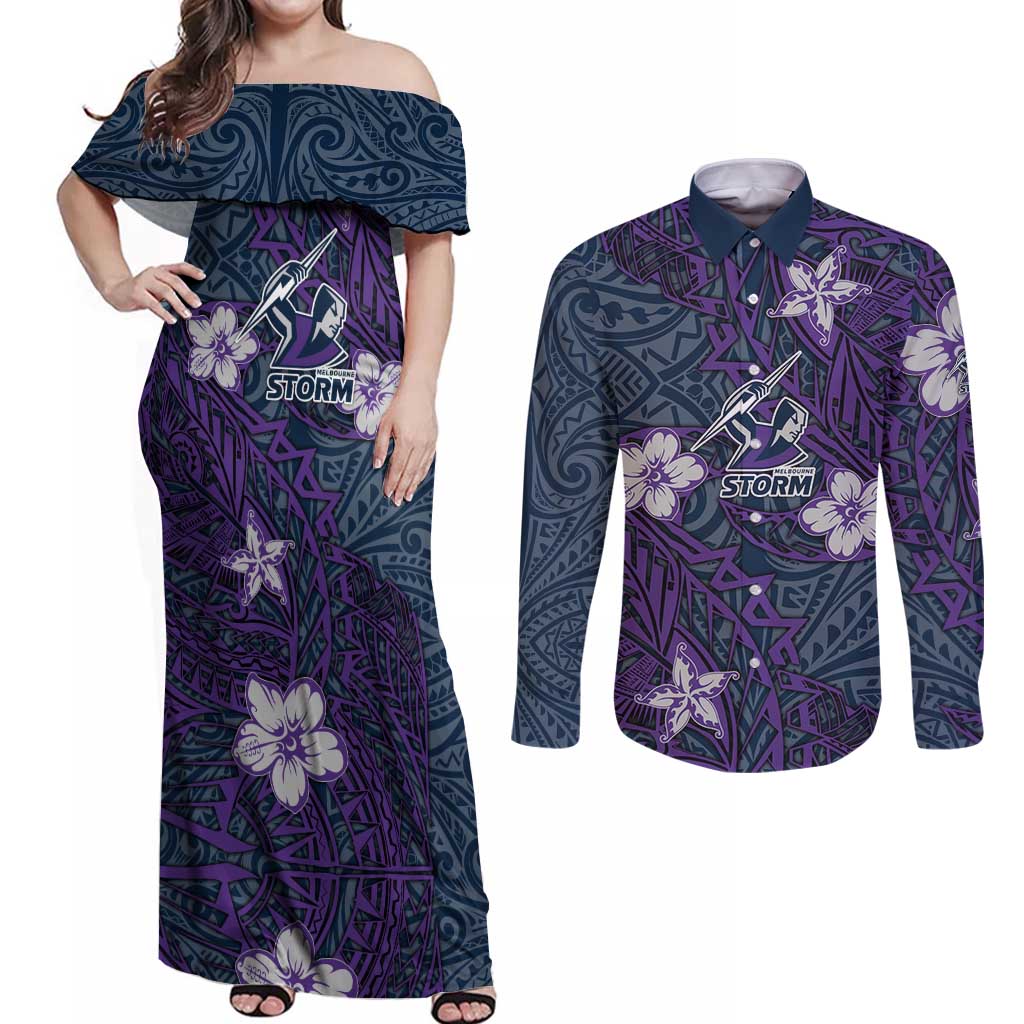 Personalised Melbourne Storm Couples Matching Off Shoulder Maxi Dress and Long Sleeve Button Shirt Polynesian Tribal Pattern With Rugby Storm Man Mascot Art
