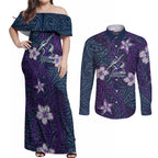 Personalised Melbourne Storm Couples Matching Off Shoulder Maxi Dress and Long Sleeve Button Shirt Polynesian Tribal Pattern With Rugby Storm Man Mascot Art