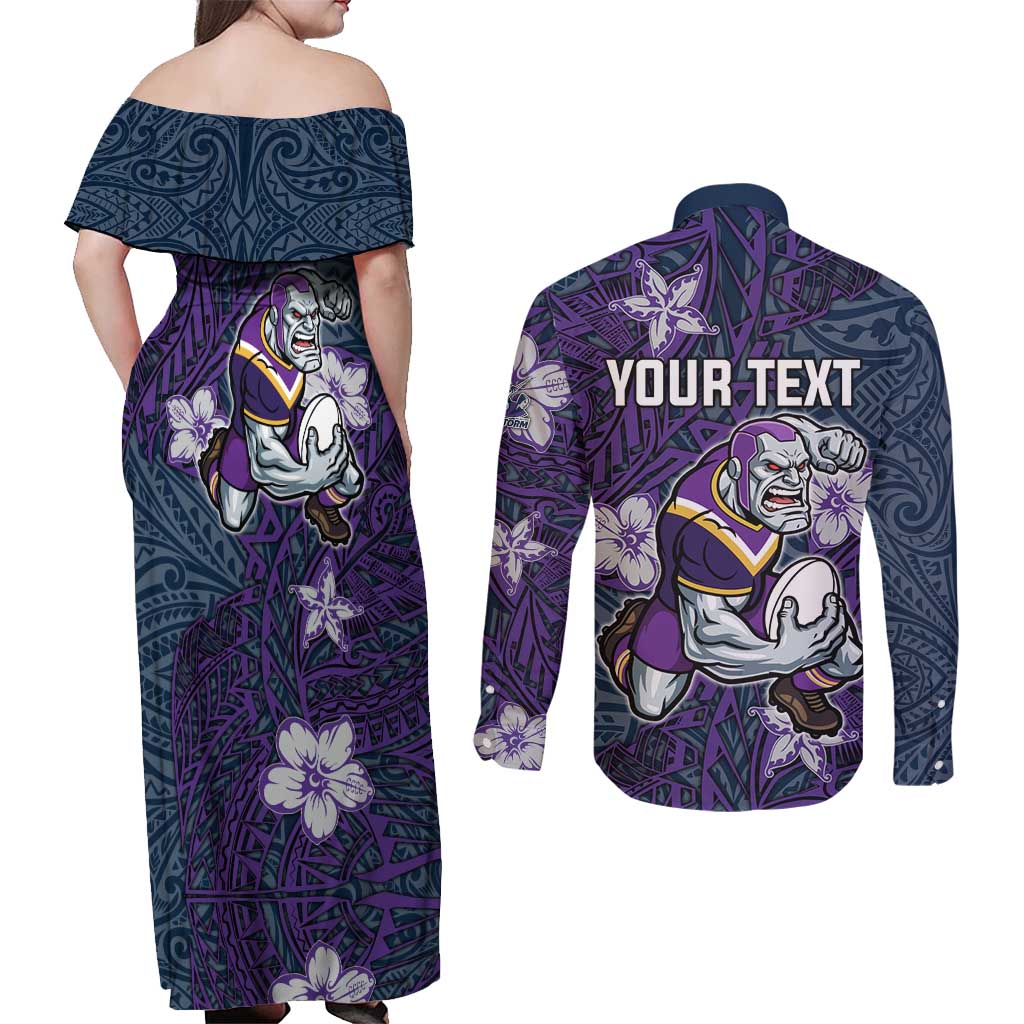 Personalised Melbourne Storm Couples Matching Off Shoulder Maxi Dress and Long Sleeve Button Shirt Polynesian Tribal Pattern With Rugby Storm Man Mascot Art