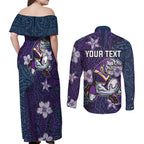 Personalised Melbourne Storm Couples Matching Off Shoulder Maxi Dress and Long Sleeve Button Shirt Polynesian Tribal Pattern With Rugby Storm Man Mascot Art