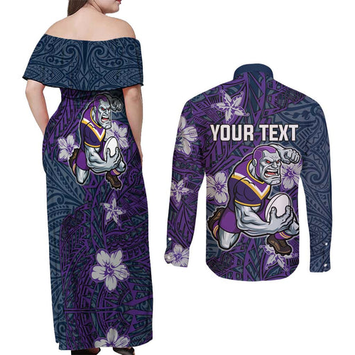 Personalised Melbourne Storm Couples Matching Off Shoulder Maxi Dress and Long Sleeve Button Shirt Polynesian Tribal Pattern With Rugby Storm Man Mascot Art