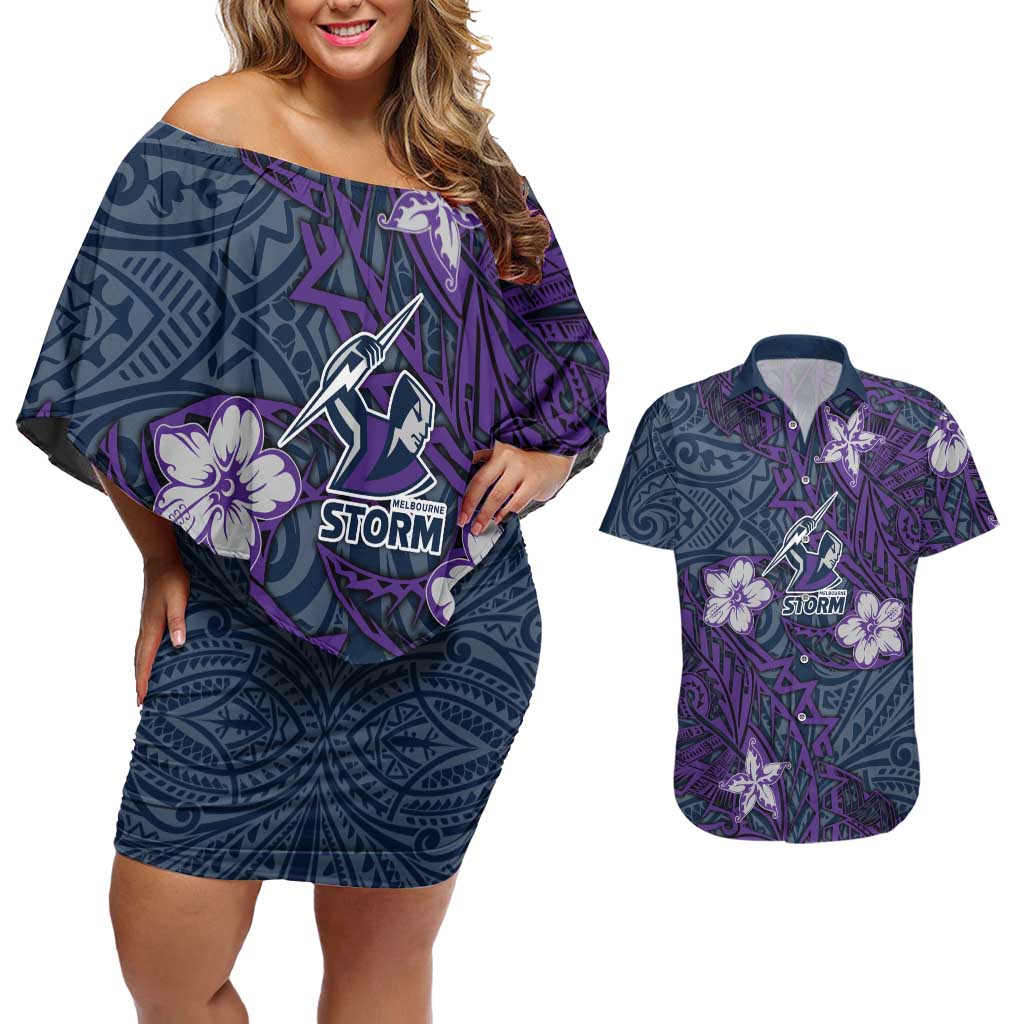 Personalised Melbourne Storm Couples Matching Off Shoulder Short Dress and Hawaiian Shirt Polynesian Tribal Pattern With Rugby Storm Man Mascot Art