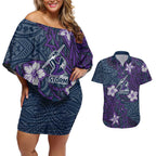 Personalised Melbourne Storm Couples Matching Off Shoulder Short Dress and Hawaiian Shirt Polynesian Tribal Pattern With Rugby Storm Man Mascot Art