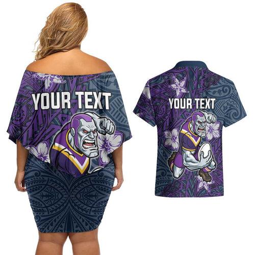 Personalised Melbourne Storm Couples Matching Off Shoulder Short Dress and Hawaiian Shirt Polynesian Tribal Pattern With Rugby Storm Man Mascot Art
