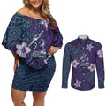 Personalised Melbourne Storm Couples Matching Off Shoulder Short Dress and Long Sleeve Button Shirt Polynesian Tribal Pattern With Rugby Storm Man Mascot Art