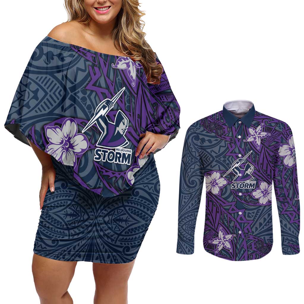 Personalised Melbourne Storm Couples Matching Off Shoulder Short Dress and Long Sleeve Button Shirt Polynesian Tribal Pattern With Rugby Storm Man Mascot Art