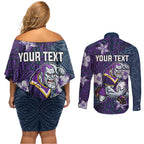 Personalised Melbourne Storm Couples Matching Off Shoulder Short Dress and Long Sleeve Button Shirt Polynesian Tribal Pattern With Rugby Storm Man Mascot Art