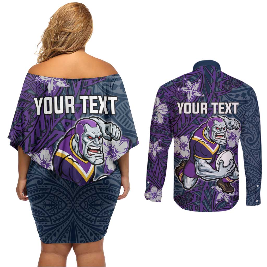 Personalised Melbourne Storm Couples Matching Off Shoulder Short Dress and Long Sleeve Button Shirt Polynesian Tribal Pattern With Rugby Storm Man Mascot Art