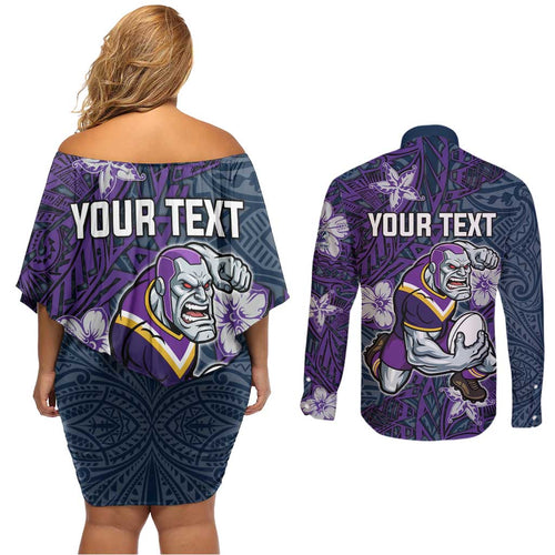 Personalised Melbourne Storm Couples Matching Off Shoulder Short Dress and Long Sleeve Button Shirt Polynesian Tribal Pattern With Rugby Storm Man Mascot Art