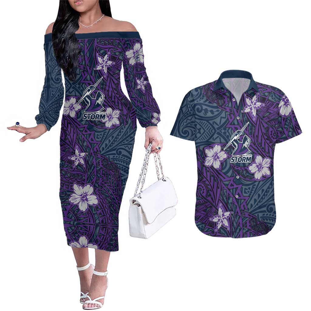 Personalised Melbourne Storm Couples Matching Off The Shoulder Long Sleeve Dress and Hawaiian Shirt Polynesian Tribal Pattern With Rugby Storm Man Mascot Art