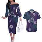 Personalised Melbourne Storm Couples Matching Off The Shoulder Long Sleeve Dress and Hawaiian Shirt Polynesian Tribal Pattern With Rugby Storm Man Mascot Art