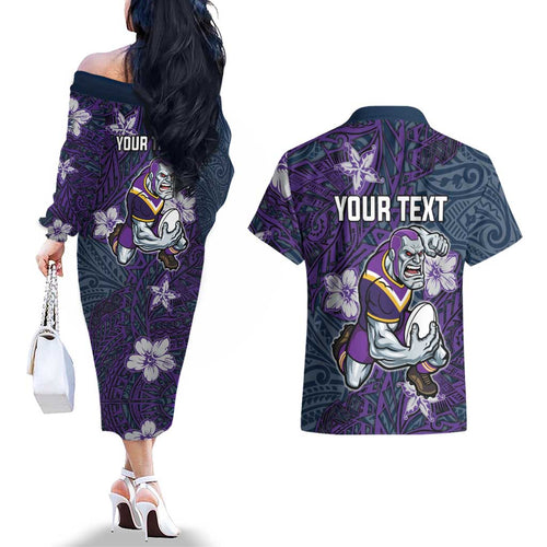 Personalised Melbourne Storm Couples Matching Off The Shoulder Long Sleeve Dress and Hawaiian Shirt Polynesian Tribal Pattern With Rugby Storm Man Mascot Art
