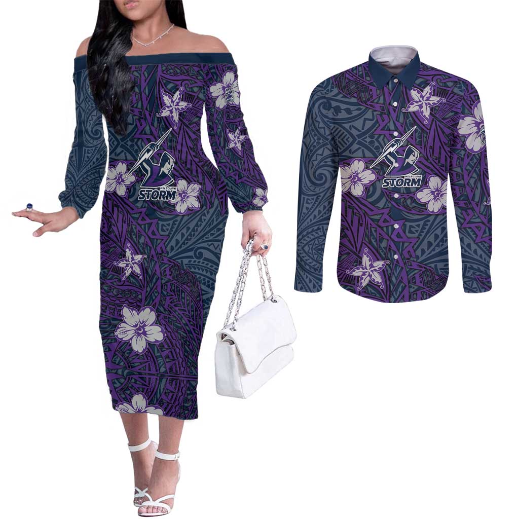 Personalised Melbourne Storm Couples Matching Off The Shoulder Long Sleeve Dress and Long Sleeve Button Shirt Polynesian Tribal Pattern With Rugby Storm Man Mascot Art