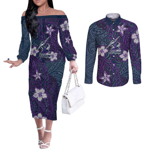 Personalised Melbourne Storm Couples Matching Off The Shoulder Long Sleeve Dress and Long Sleeve Button Shirt Polynesian Tribal Pattern With Rugby Storm Man Mascot Art