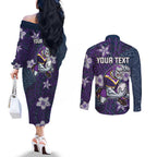 Personalised Melbourne Storm Couples Matching Off The Shoulder Long Sleeve Dress and Long Sleeve Button Shirt Polynesian Tribal Pattern With Rugby Storm Man Mascot Art