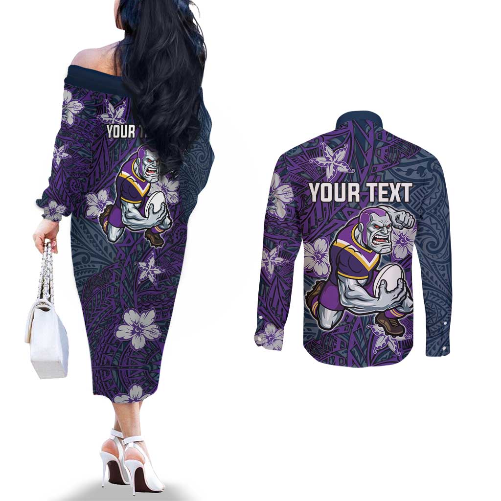 Personalised Melbourne Storm Couples Matching Off The Shoulder Long Sleeve Dress and Long Sleeve Button Shirt Polynesian Tribal Pattern With Rugby Storm Man Mascot Art