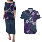 Personalised Melbourne Storm Couples Matching Puletasi and Hawaiian Shirt Polynesian Tribal Pattern With Rugby Storm Man Mascot Art
