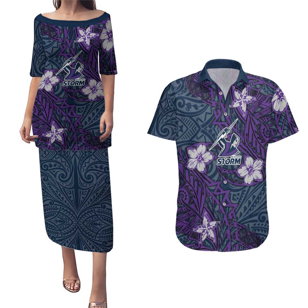 Personalised Melbourne Storm Couples Matching Puletasi and Hawaiian Shirt Polynesian Tribal Pattern With Rugby Storm Man Mascot Art