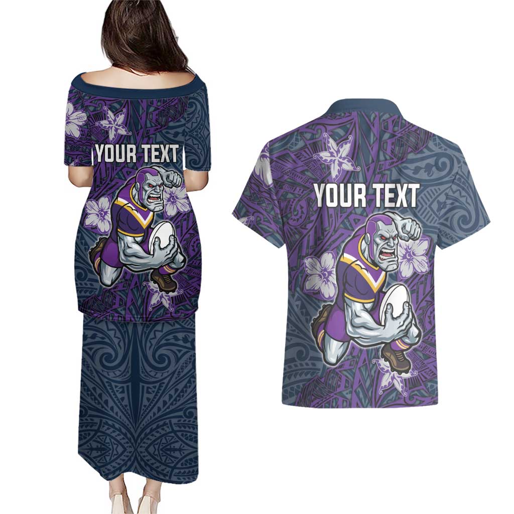 Personalised Melbourne Storm Couples Matching Puletasi and Hawaiian Shirt Polynesian Tribal Pattern With Rugby Storm Man Mascot Art