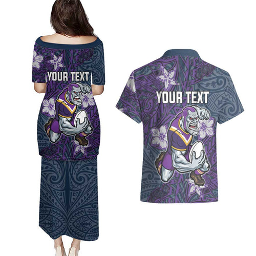 Personalised Melbourne Storm Couples Matching Puletasi and Hawaiian Shirt Polynesian Tribal Pattern With Rugby Storm Man Mascot Art