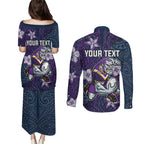 Personalised Melbourne Storm Couples Matching Puletasi and Long Sleeve Button Shirt Polynesian Tribal Pattern With Rugby Storm Man Mascot Art