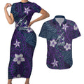 Personalised Melbourne Storm Couples Matching Short Sleeve Bodycon Dress and Hawaiian Shirt Polynesian Tribal Pattern With Rugby Storm Man Mascot Art
