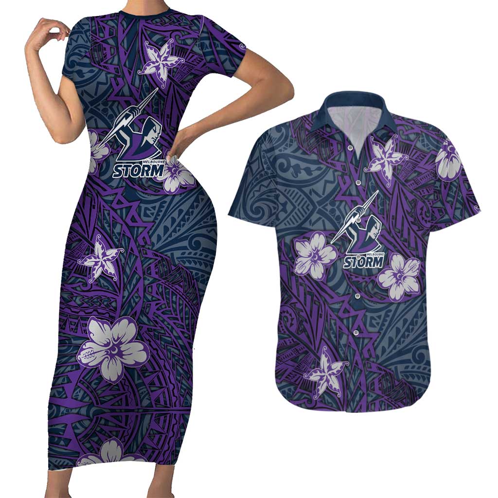 Personalised Melbourne Storm Couples Matching Short Sleeve Bodycon Dress and Hawaiian Shirt Polynesian Tribal Pattern With Rugby Storm Man Mascot Art