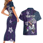 Personalised Melbourne Storm Couples Matching Short Sleeve Bodycon Dress and Hawaiian Shirt Polynesian Tribal Pattern With Rugby Storm Man Mascot Art