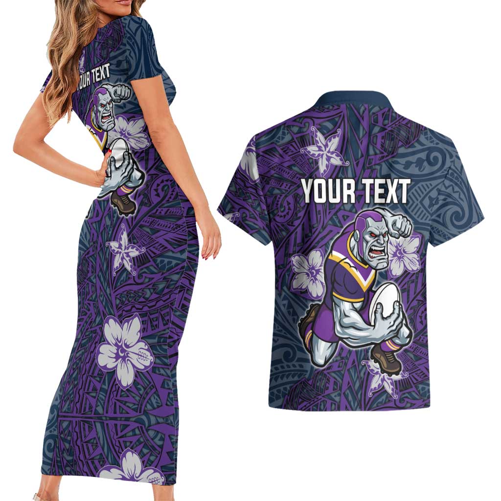 Personalised Melbourne Storm Couples Matching Short Sleeve Bodycon Dress and Hawaiian Shirt Polynesian Tribal Pattern With Rugby Storm Man Mascot Art