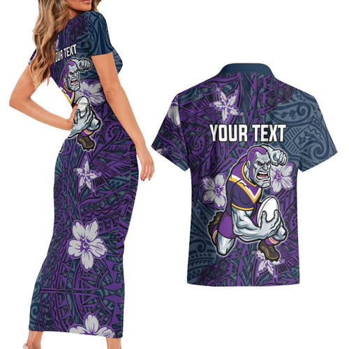 Personalised Melbourne Storm Couples Matching Short Sleeve Bodycon Dress and Hawaiian Shirt Polynesian Tribal Pattern With Rugby Storm Man Mascot Art