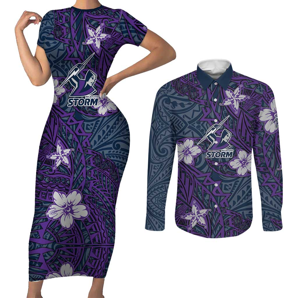 Personalised Melbourne Storm Couples Matching Short Sleeve Bodycon Dress and Long Sleeve Button Shirt Polynesian Tribal Pattern With Rugby Storm Man Mascot Art