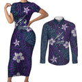 Personalised Melbourne Storm Couples Matching Short Sleeve Bodycon Dress and Long Sleeve Button Shirt Polynesian Tribal Pattern With Rugby Storm Man Mascot Art