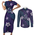 Personalised Melbourne Storm Couples Matching Short Sleeve Bodycon Dress and Long Sleeve Button Shirt Polynesian Tribal Pattern With Rugby Storm Man Mascot Art