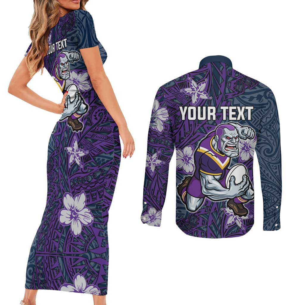 Personalised Melbourne Storm Couples Matching Short Sleeve Bodycon Dress and Long Sleeve Button Shirt Polynesian Tribal Pattern With Rugby Storm Man Mascot Art