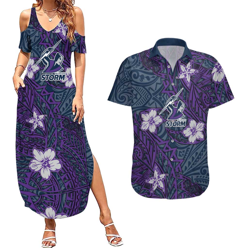 Personalised Melbourne Storm Couples Matching Summer Maxi Dress and Hawaiian Shirt Polynesian Tribal Pattern With Rugby Storm Man Mascot Art