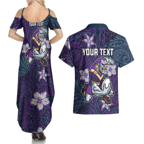 Personalised Melbourne Storm Couples Matching Summer Maxi Dress and Hawaiian Shirt Polynesian Tribal Pattern With Rugby Storm Man Mascot Art