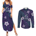 Personalised Melbourne Storm Couples Matching Summer Maxi Dress and Long Sleeve Button Shirt Polynesian Tribal Pattern With Rugby Storm Man Mascot Art