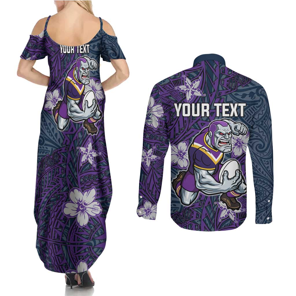 Personalised Melbourne Storm Couples Matching Summer Maxi Dress and Long Sleeve Button Shirt Polynesian Tribal Pattern With Rugby Storm Man Mascot Art