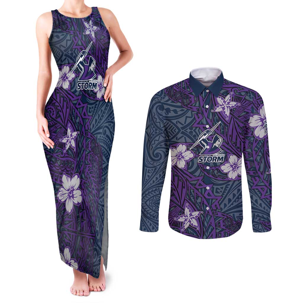 Personalised Melbourne Storm Couples Matching Tank Maxi Dress and Long Sleeve Button Shirt Polynesian Tribal Pattern With Rugby Storm Man Mascot Art